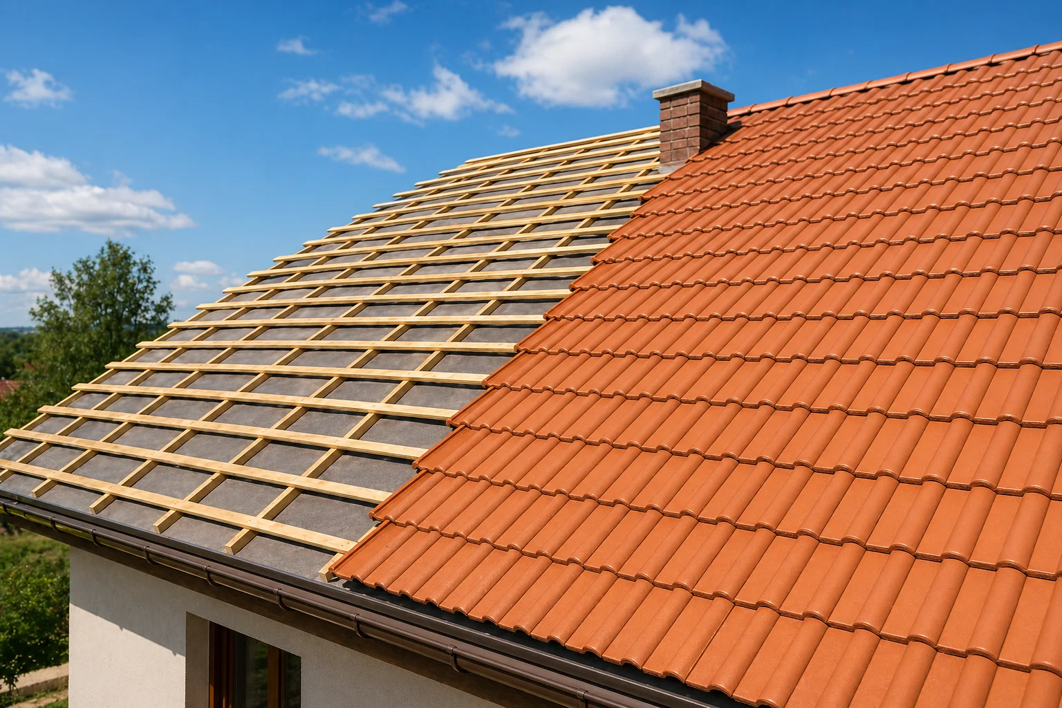 Tetőszerkezet munka közben — szarufa, lécezés, fólia